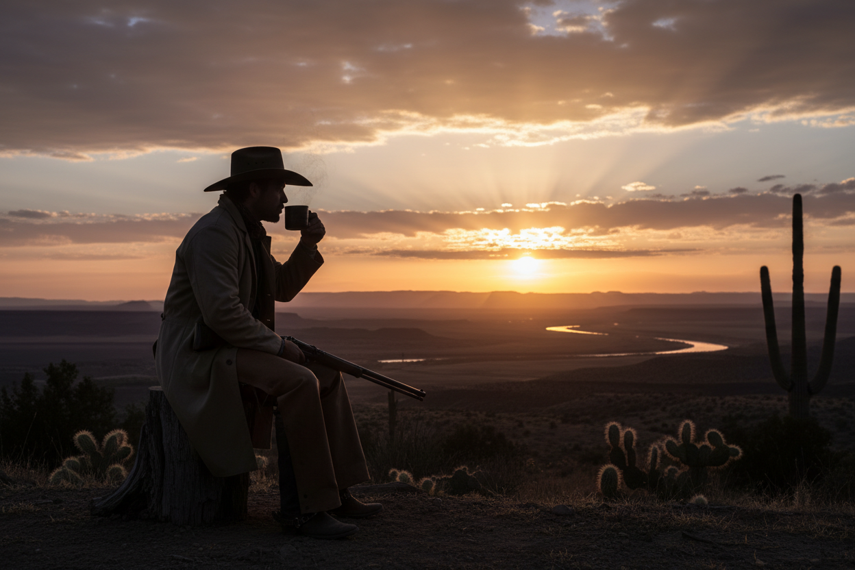 Cowboy sitting on a tree stump at dawn. Silhouetted against the morning sunrise drinking a cup of coffee.